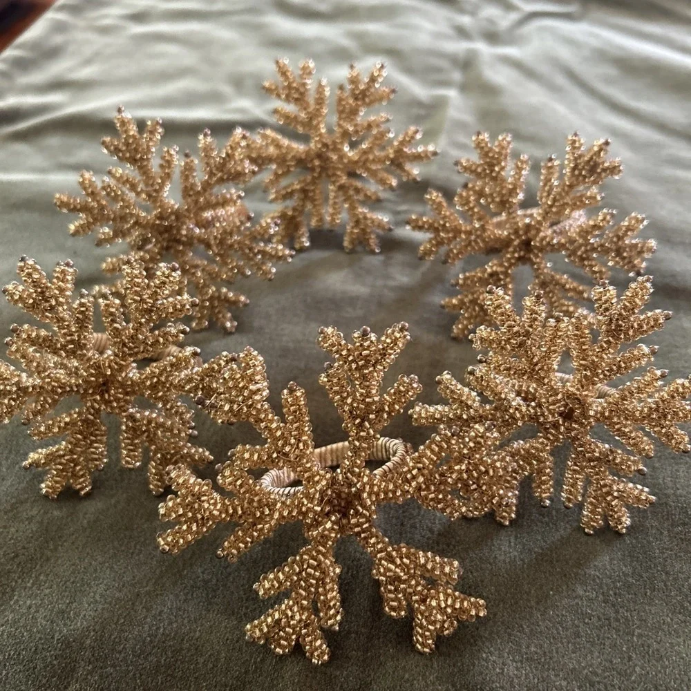 PIER 1? Jeweled & Beaded Napkin Rings Amber Gold Snowflake Clusters - Set Of 6